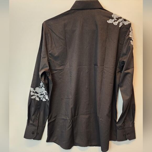New Black Embroidered Men's Shirt Formal Party Button Up Dress Shirt L - Picture 5 of 10